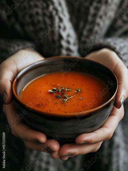 Obraz A young woman warmly holds a bowl of creamy tomato soup garnished with basil, in a cozy kitchen setting.

