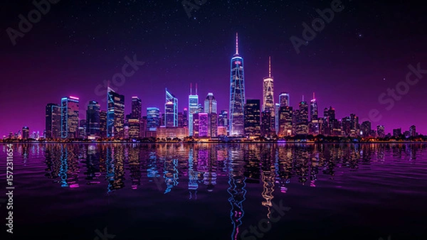 Obraz Futuristic Neon-Noir City Skyline Reflecting on Water at Night