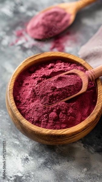 Obraz Close-up of natural red beetroot powder in a bowl with fresh beetroots, vibrant and organic food ingredient.