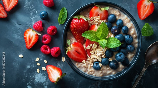 Obraz Healthy vegan overnight oats topped with fresh blueberries, raspberries, and mint leaves, top view