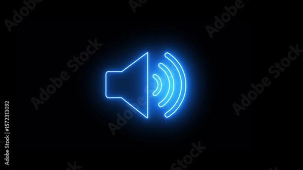 Obraz Glowing blue neon sound speaker icon black background.