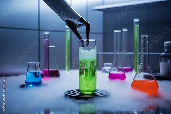 Obraz Robotic arm adding liquid to bubbling green solution in laboratory glassware science research