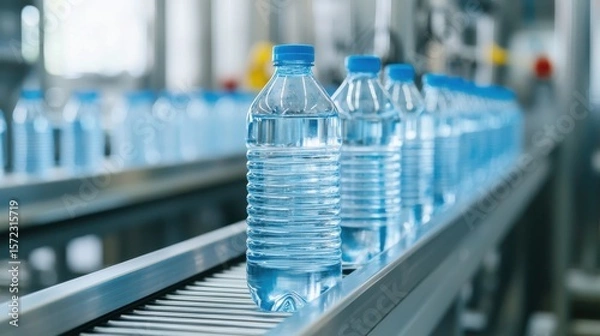 Fototapeta Automated conveyor line moving plastic water bottles through stainless steel machinery in modern bottling plant
