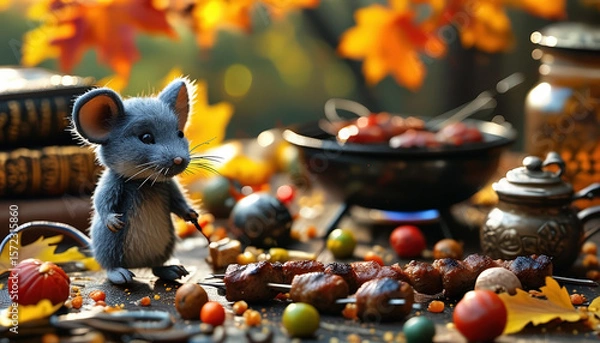 Fototapeta Toy mouse standing by grilled meat skewers on festive autumn table.  Whimsical feast