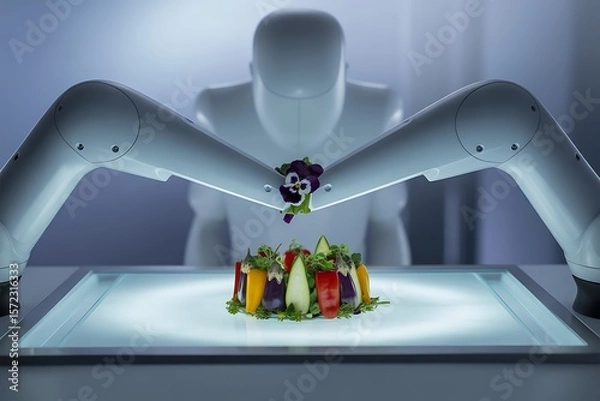 Obraz Robotic arms arranging colorful vegetables and a purple flower on a glowing surface technology automation