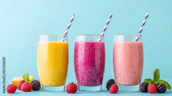 Fototapeta Three vibrant fruit smoothies in clear glasses with striped straws, surrounded by fresh berries on blue surface, refreshing summer drink concept