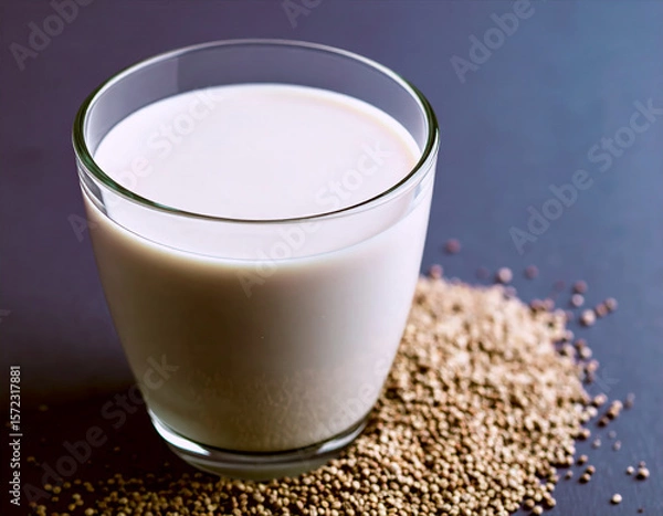 Obraz GVegan finger millet milk in clear glass cup with scattered raw ragi seeds nearbyenerated image