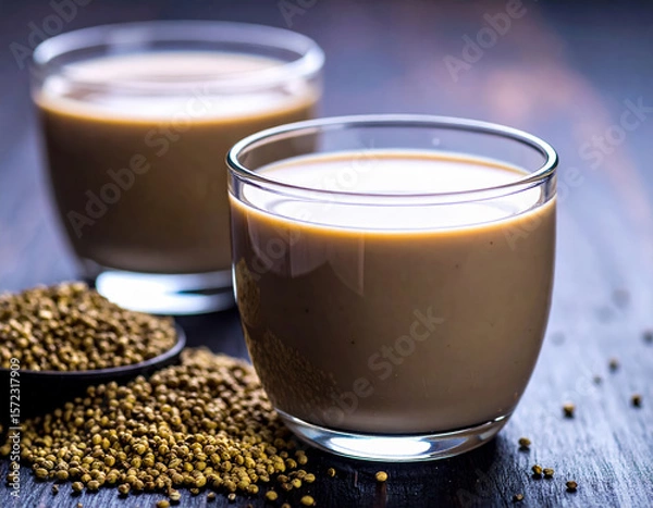 Obraz GVegan finger millet milk in clear glass cup with scattered raw ragi seeds nearbyenerated image
