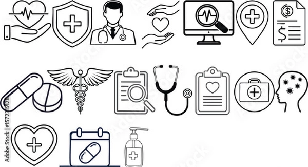 Fototapeta Vector Healthcare Line Art Icons Set on White Background in Modern Minimalist Style