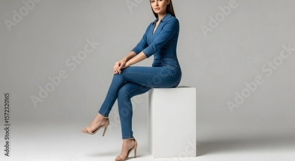 Fototapeta a woman wearing a denim jumpsuit is sitting on a cube.
