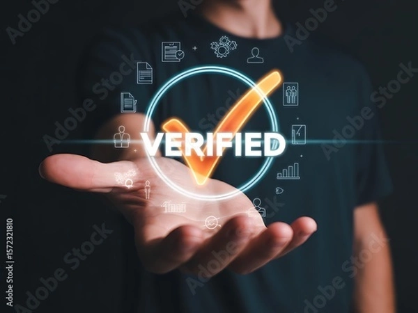 Obraz Verified confirmation digital checkmark glowing orange and white text with surrounding icons verification