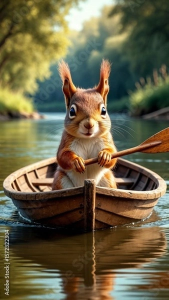 Fototapeta Cute squirrel rowing a wooden boat on a calm river surrounded by lush green trees in soft sunlight
