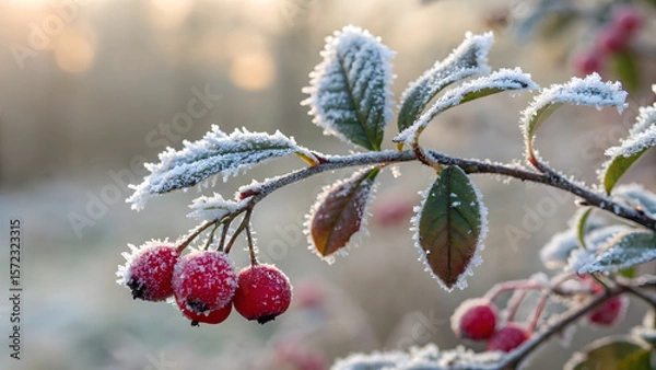 Fototapeta Frosty Berries: Close-up of a branch with frost-covered leaves and bright red berries. The scene is bathed in soft, morning light.