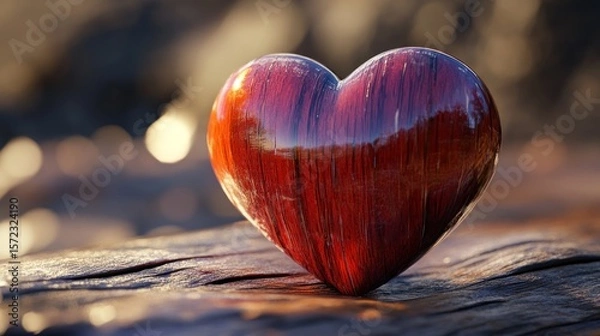 Fototapeta Red heart on wood,  glossy texture