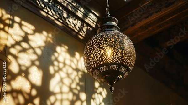 Fototapeta Ornate hanging lamp casts intricate shadows