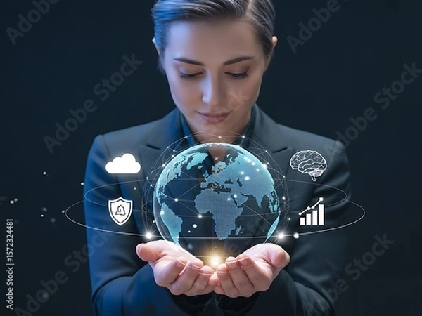 Obraz Woman holding glowing digital globe with network icons and data visualizations earth