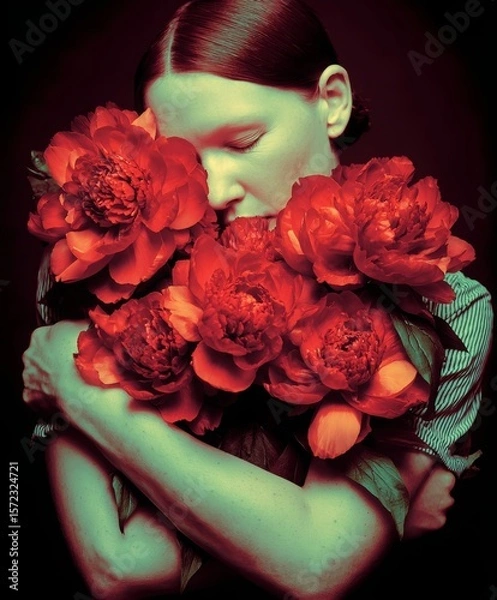 Obraz A woman with slick hair hugs a large bouquet of red peonies, eyes closed in emotional expression. Dramatic lighting and vivid contrast create an intense, artistic, and surreal atmosphere.