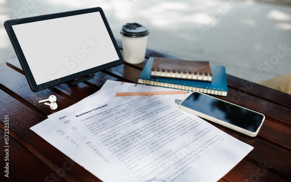Fototapeta close up shot, digital tablet and business contract, mobile phone, notebook on wooden table in park, working outside make business contract online via tablet