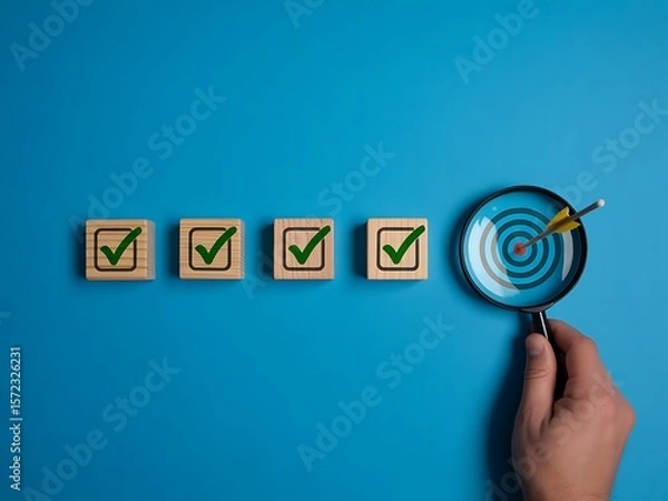 Obraz Wooden Blocks with Checkmarks and Magnifying Glass Over Target green checkmarks
