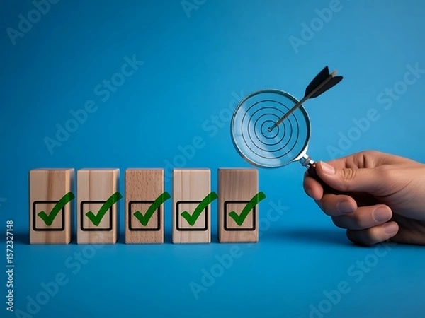 Obraz Wooden blocks with green checkmarks and a magnifying glass with an arrow hitting the bullseye checklist