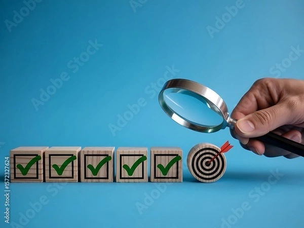 Obraz Wooden cubes with green check marks and a target with an arrow examined by a magnifying glass image