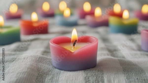 Fototapeta Serene Setting with Lit Rainbow Colored Candles on Soft Fabric Background