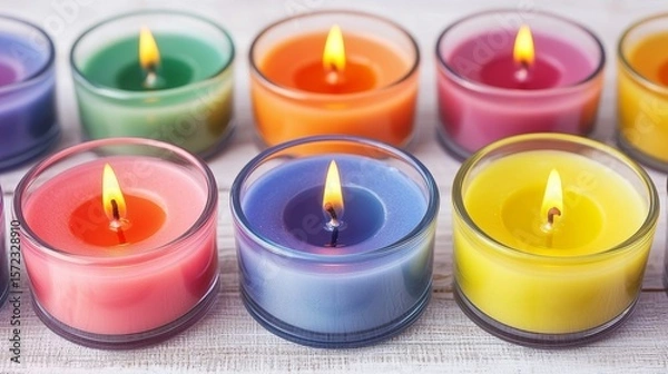 Fototapeta Colorful Lit Candles in a Serene Setting with a Rainbow of Hues