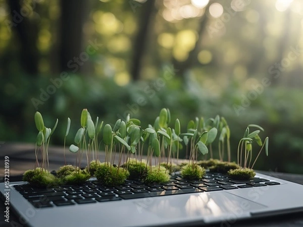 Obraz Young green sprouts growing from moss on a laptop keyboard in a forest setting nature