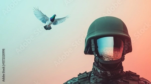 Fototapeta Soldier with Reflective Helmet and Bird Against Artistic Background