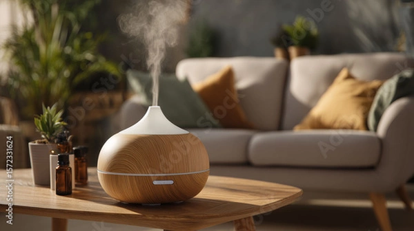 Fototapeta Aromatherapy diffuser and essential oil bottles on wooden table in warm living space with sunlight and plants
