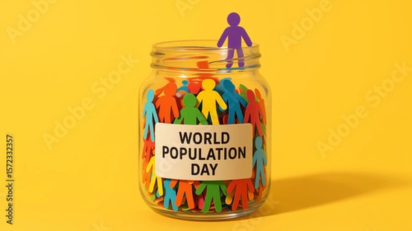 Fototapeta World population day message with colorful paper people inside glass jar showing overpopulation concept and demographic awareness