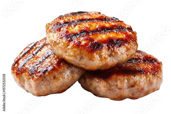 Fototapeta Three juicy, grilled patties, slightly browned, stacked atop each other, showcasing delicious grill marks