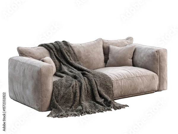 Fototapeta A beige fabric sofa with plush cushions, a dark gray throw blanket draped over one arm, sits against a black background