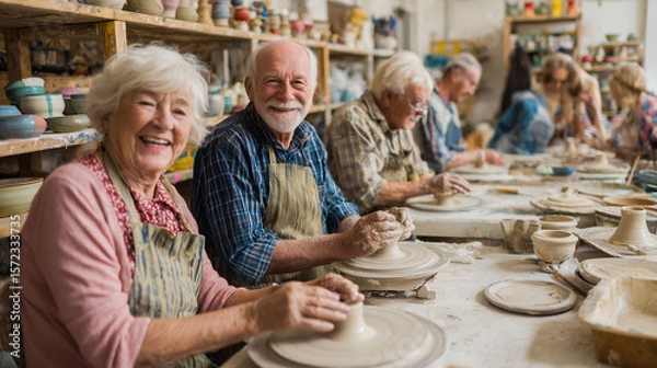 Fototapeta Senior friends creating pottery class in group workshop showing hands-on artistic activity social bonding and healthy aging lifestyle