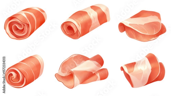 Fototapeta Slices of prosciutto ham rolled and arranged for gourmet presentation isolated on white background
