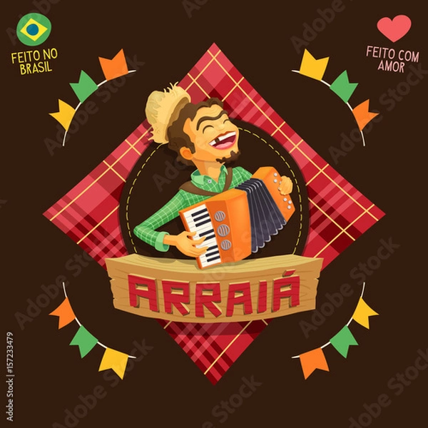 Fototapeta Arraia (means village, also name June Parties) - Accordion player logo / Made in Brazil - Made with love - Creative vector cartoon logo for june party themes