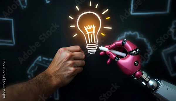 Fototapeta A conceptual illustration of a human and a robotic hand drawing a glowing lightbulb together, symbolizing collaboration between humans and artificial intelligence. Ideal for themes like innovation, te