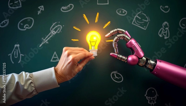 Fototapeta A conceptual illustration of a human and a robotic hand drawing a glowing lightbulb together, symbolizing collaboration between humans and artificial intelligence. Ideal for themes like innovation, te
