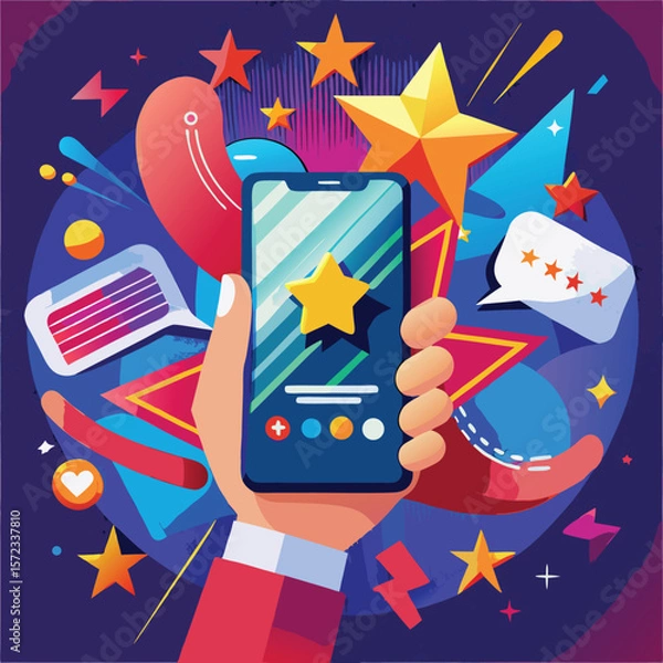 Fototapeta Hand holding smartphone displaying star rating and feedback with abstract shapes and stars silhouette