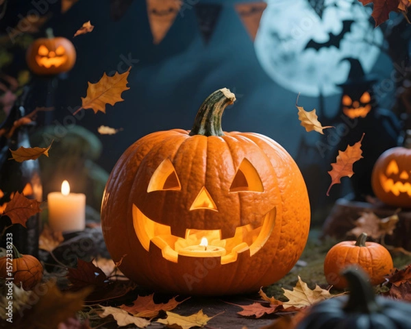 Fototapeta A spooky atmosphere of a Pumpkin lantern Halloween party with leaves blowing around. Photo composite