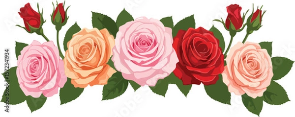 Obraz Vector Rose Flower Arrangement | Red, Pink, and Orange Roses Border Illustration