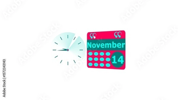 Fototapeta November month 14 date calendar icon and cyan color clock 4k illustration. Digital calendar month concept design on White background.