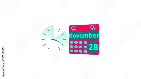 Fototapeta November month 28 date calendar icon and cyan color clock 4k illustration. Digital calendar month concept design on White background.