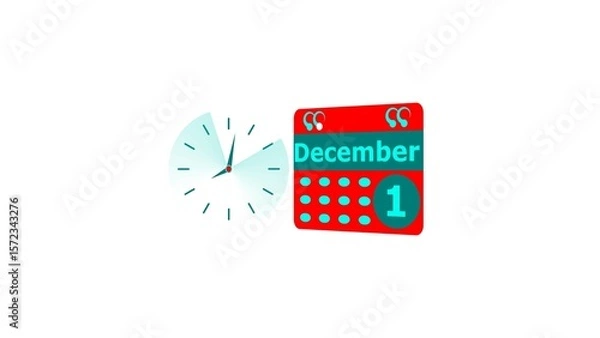 Fototapeta December month 1 date calendar icon and cyan color clock 4k illustration. Digital calendar month concept design on White background.