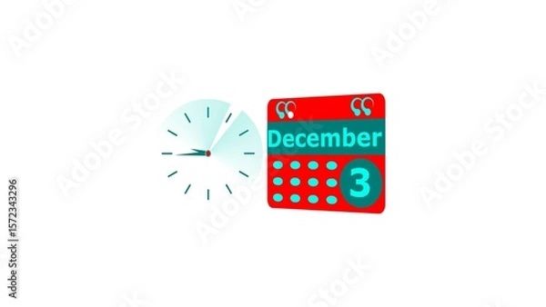 Fototapeta December month 3 date calendar icon and cyan color clock 4k illustration. Digital calendar month concept design on White background.