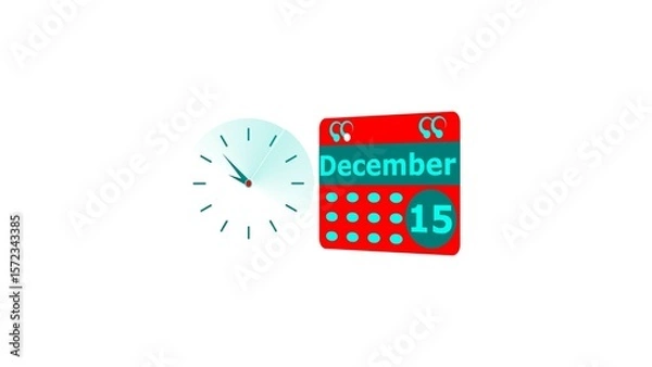 Fototapeta December month 15 date calendar icon and cyan color clock 4k illustration. Digital calendar month concept design on White background.