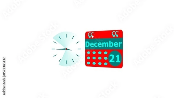 Fototapeta December month 21 date calendar icon and cyan color clock 4k illustration. Digital calendar month concept design on White background.