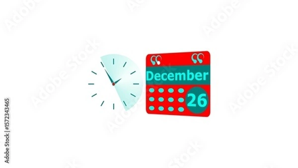 Fototapeta December month 26 date calendar icon and cyan color clock 4k illustration. Digital calendar month concept design on White background.