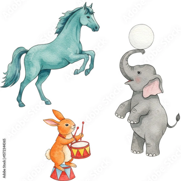 Fototapeta Whimsical Circus: Delightful watercolor illustrations of a horse, elephant, and rabbit performing charming circus acts, radiating joy and wonder. 