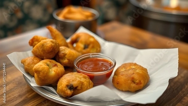 Fototapeta Crispy aloo bonda served with dipping sauce on a paperlined plate